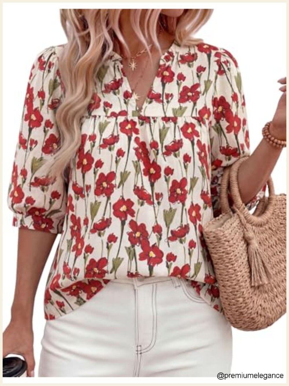 Women's Floral Half Sleeve V-Neck Boho Blouse Tunic Top